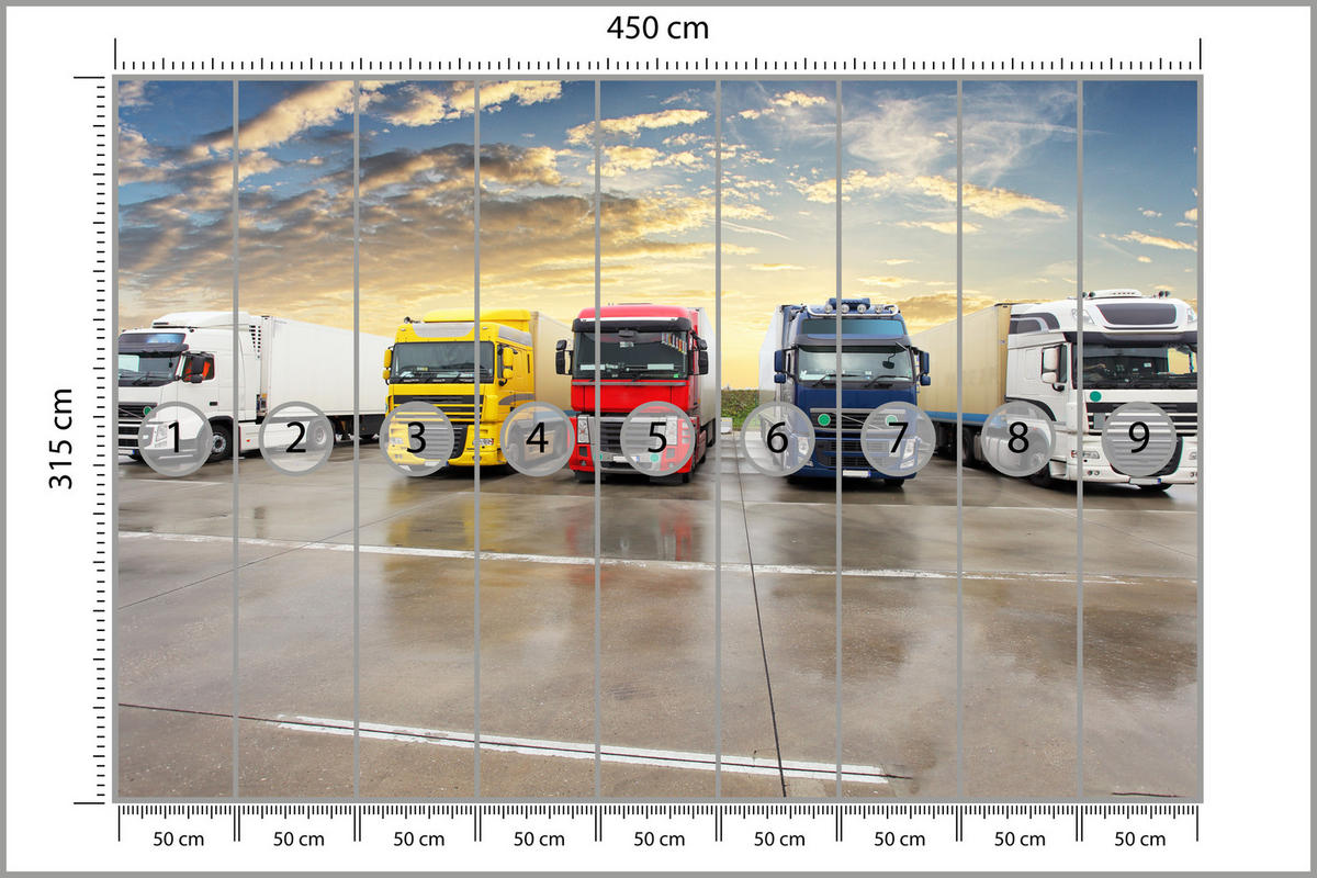 FOTOTAPETE für Wohnzimmer Lastwagen Parken Sonnenuntergang 450x315 - Gelb/Rot, Papier (450/315cm) - Muralo