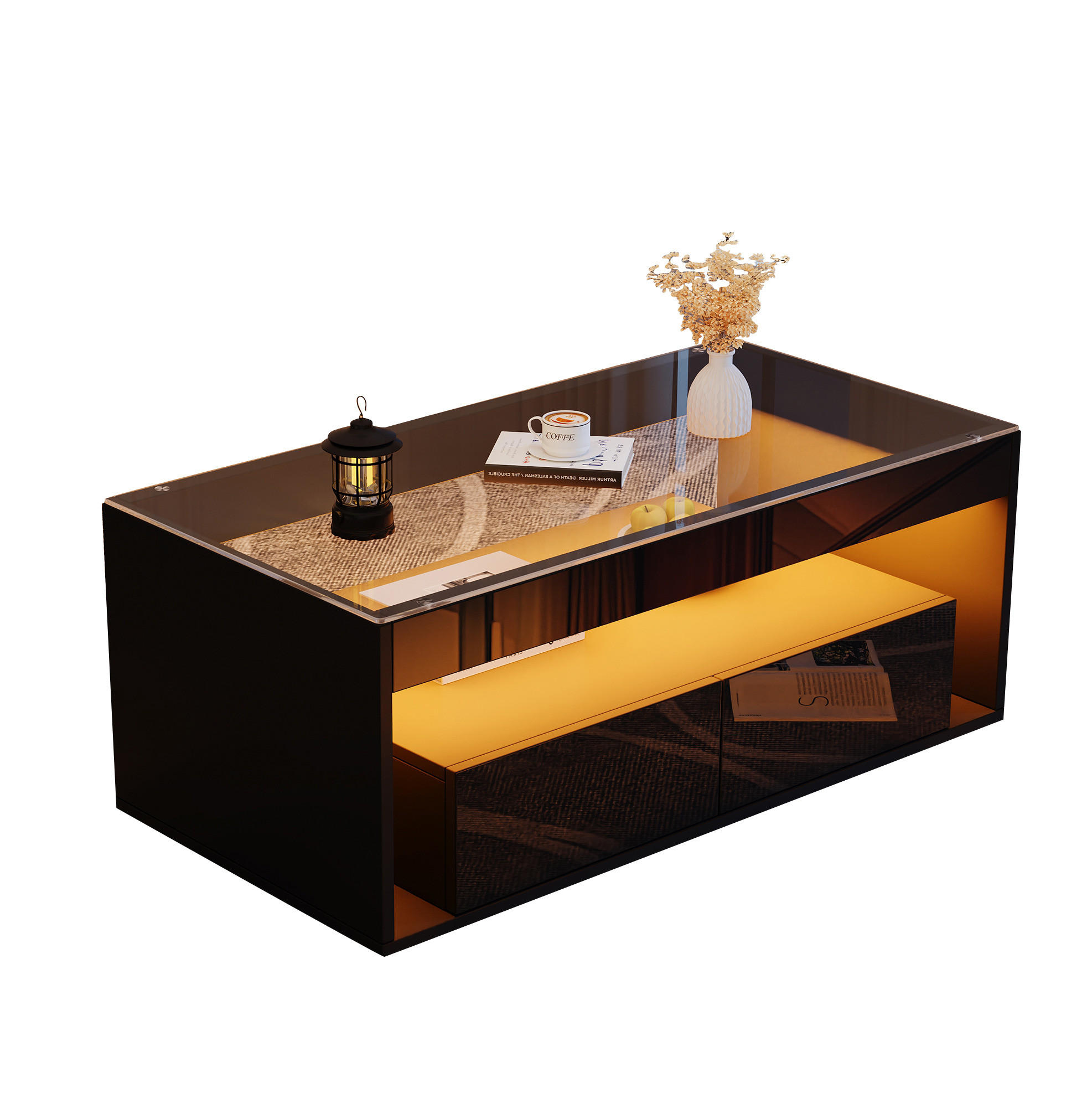 COUCHTISCH 100/50/40 cm in Schwarz mit LED-Beleuchtung und 2 Schubladen - Schwarz, Holzwerkstoff (100/50/40cm) - Flora Grace