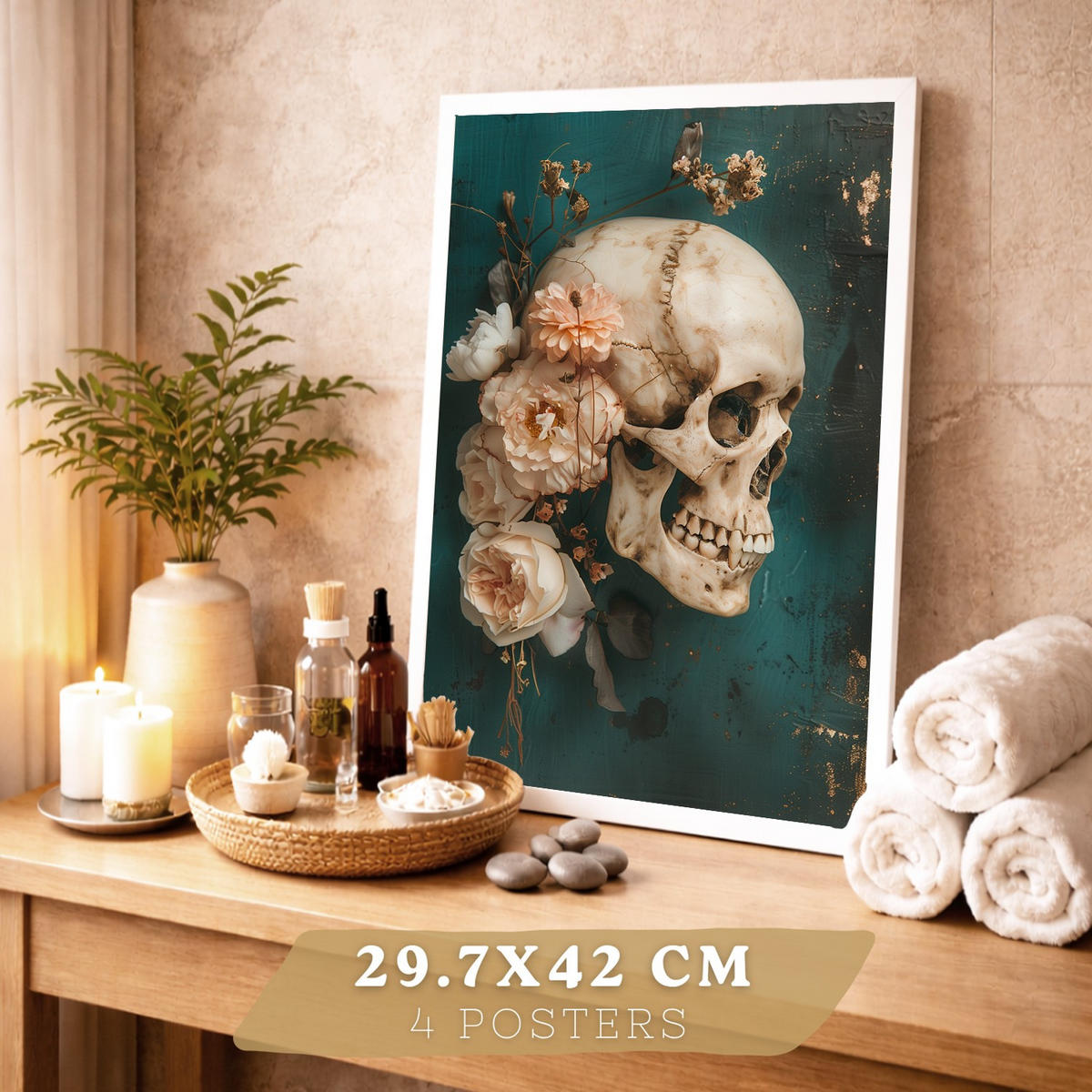 POSTER Set aus 4 Anatomie Mensch Drucke und mit Schädel Gehirn Lungen Luftröhre Bronchien Becken Wirbelsäule Florales Größe Weißer Rahmen A3 - Weiß, Papier (29.7/42/3cm) - Nacnic
