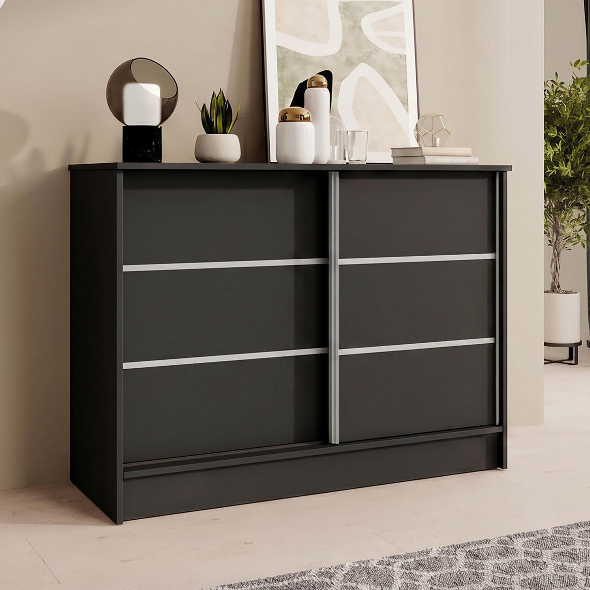 KOMMODE Mirela mit 2 Schiebetüren 100 cm, Schwarz - Schwarz, Holzwerkstoff (101/85/43.5cm) - Beautysofa