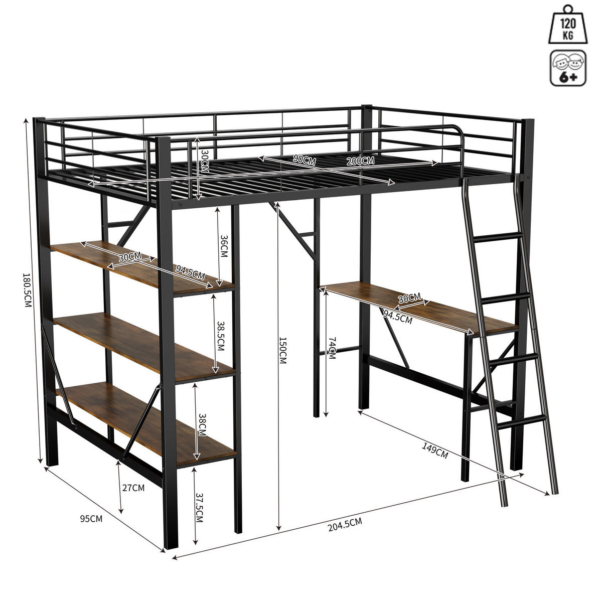 VISOKI krevet 90/200 cm s radnim stolom i 3 velike police, metalni okvir, Crna - crna, metal (90/200cm) - Redom