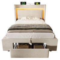 POLSTERBETT 90/200 cm mit LED, USB- und USB-C-Anschluss, hydraulischem Stauraum und Schublade und Matratze, Beige - Beige, Textil (90/200cm) - Redom