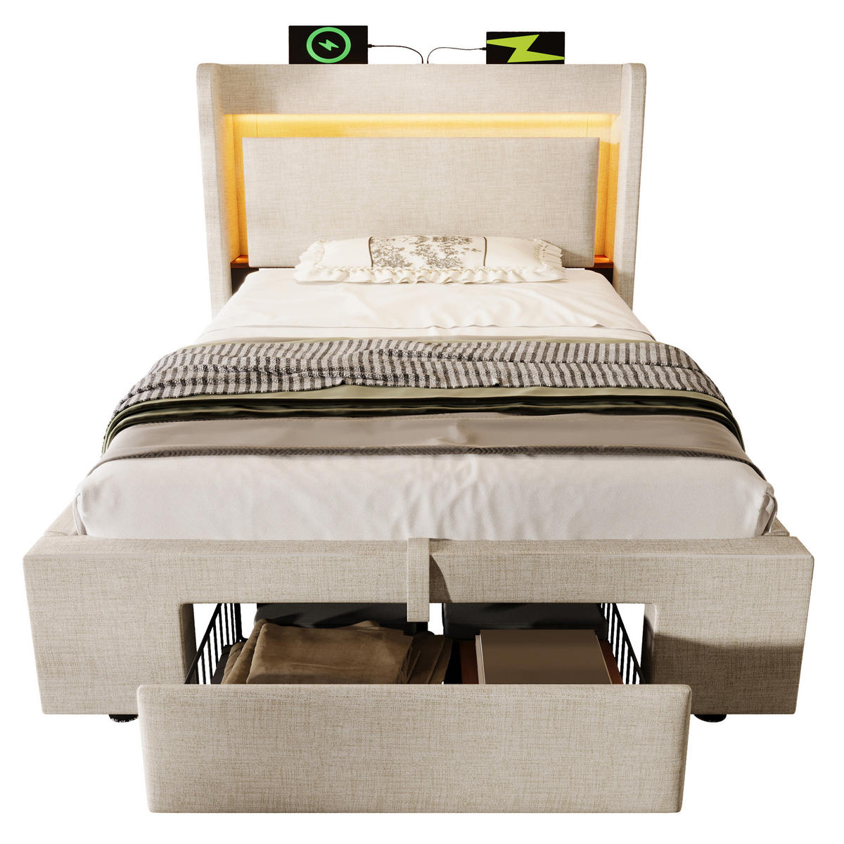 POLSTERBETT 90/200 cm mit LED, USB- und USB-C-Anschluss, hydraulischem Stauraum und Schublade und Matratze, Beige - Beige, Textil (90/200cm) - Redom