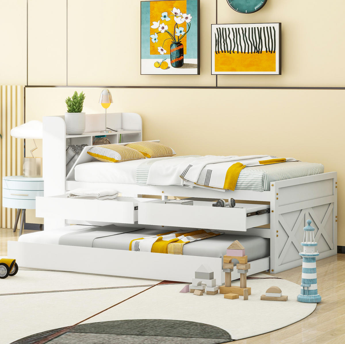 BETT aus 90x190 cm Weiß mit Ausziehbett, 2 Schubladen, Nachttisch mit USB-Anschluss - Weiß, Holzwerkstoff (90/200cm) - Modfu