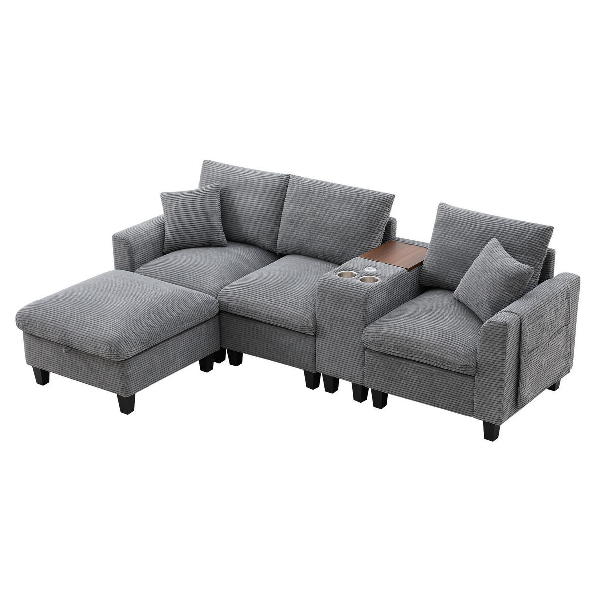 WOHNLANDSCHAFT aus Cord 229x149,5x83 cm Grau mit USB-Anschlüssen, Mittelkonsole, Becherhaltern und Stauraumhocker - Grau, Textil (149.5/229cm) - Modfu