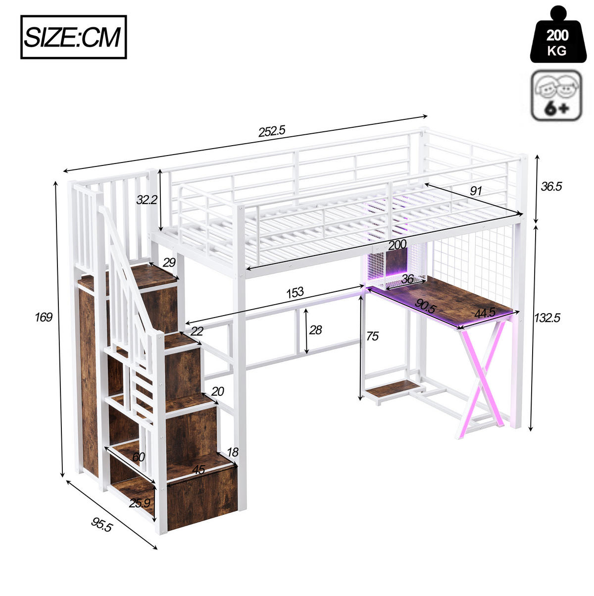 HOCHBETT aus Metall und MDF 90x200 cm Weiß mit LED-Beleuchtung, Schreibtisch, Kleiderschrank und Ablageleiter - Weiß, Metall (140/200cm) - Modfu