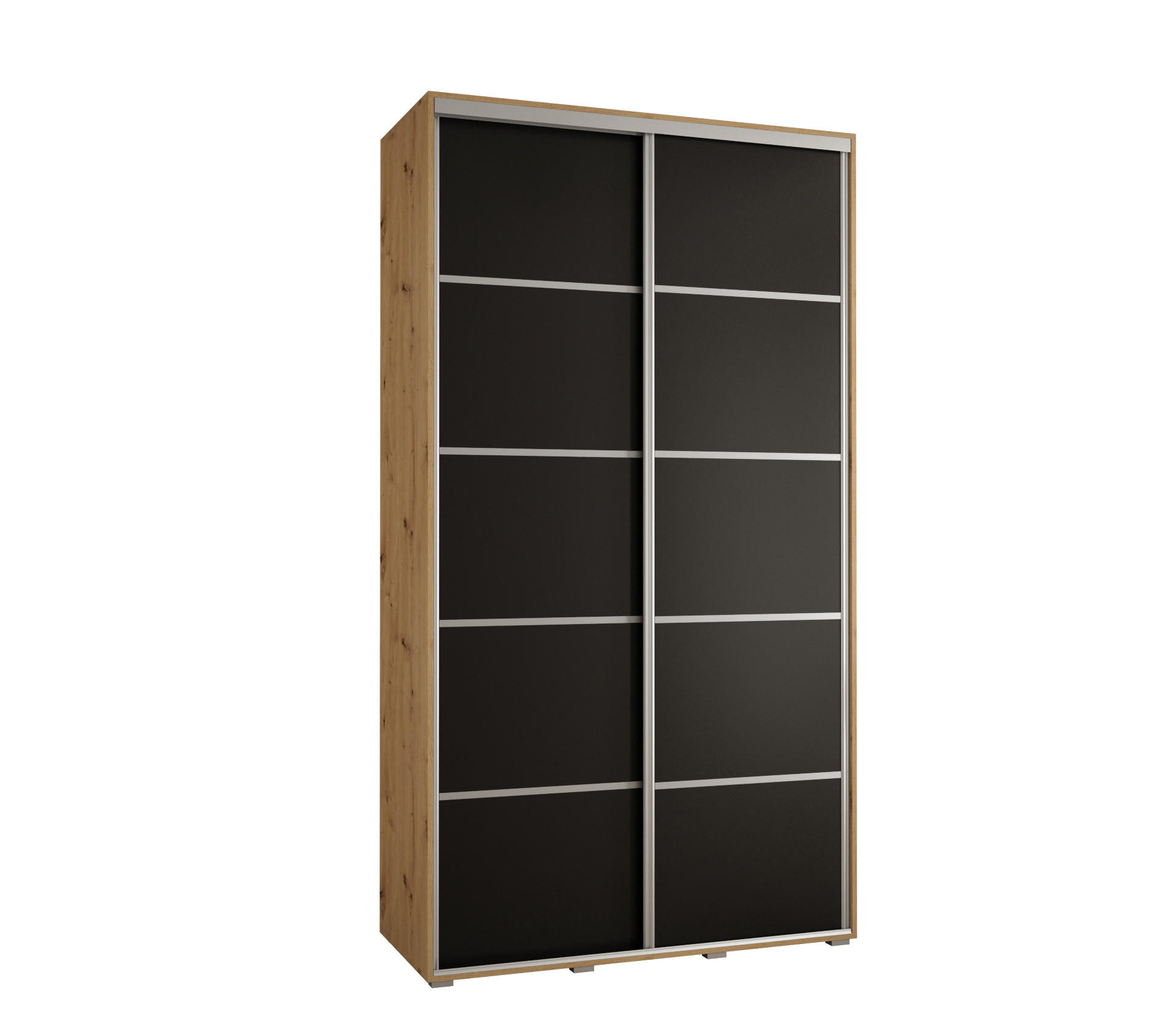 Abiks Möbel Schwebetürenschrank Eiche Artisan, Schwarz, Silber 130x235x45 cm