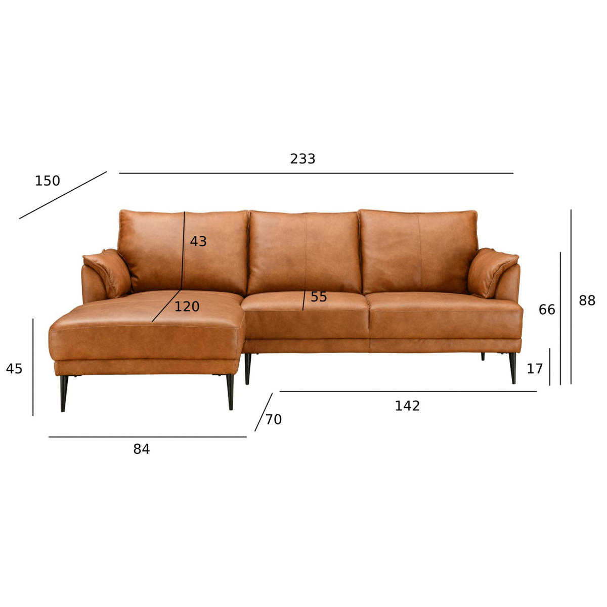 ECKSOFA Echtleder Cognac Braun - Schwarz/Braun, Leder/Metall (233/155cm) - Furnhouse