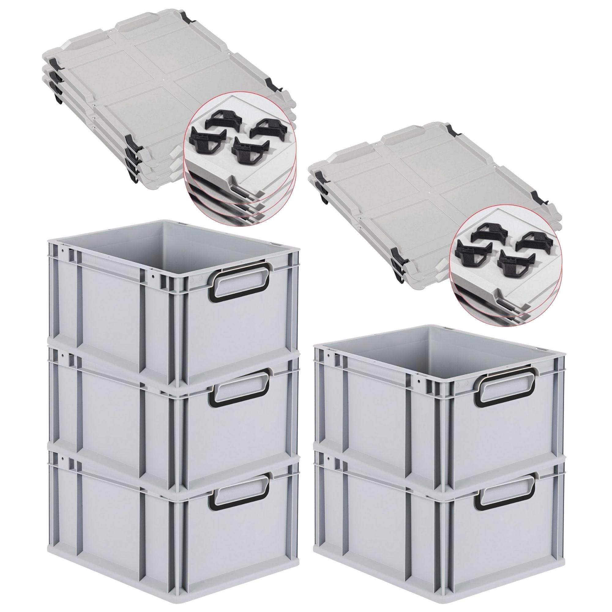 EUROBOX 5x NextGen Color mit Auflagedeckel 22x30x40 cm 20 Liter Grau Griffe schwarz zu - Schwarz/Grau, Kunststoff (30/22/40cm) - PROREGAL