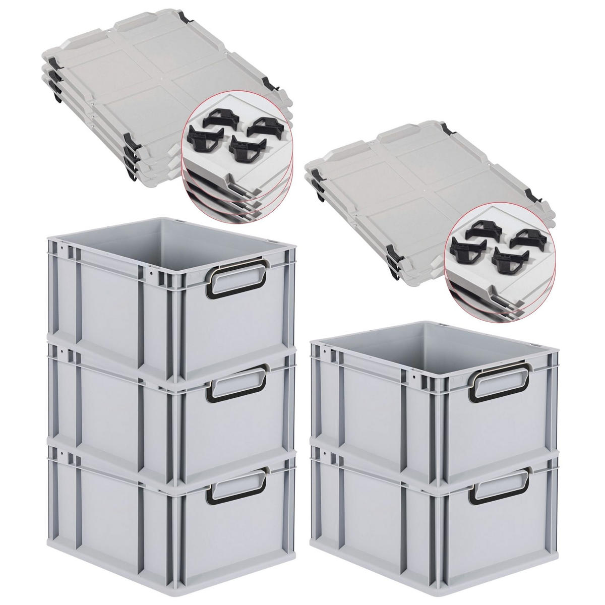 EUROBOX 5x NextGen Color mit Auflagedeckel 22x30x40 cm 20 Liter Grau Griffe schwarz zu - Schwarz/Grau, Kunststoff (30/22/40cm) - PROREGAL