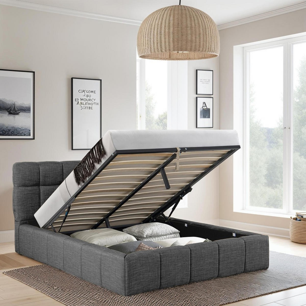 BETT ELIAS / 160x200 cm mit Bettkasten, Dunkelgrau - Beige, Holzwerkstoff (160/200cm) - Weber Industries