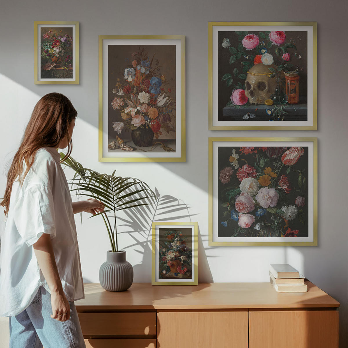 WANDBILDER 5er Set - 50x50 cm & 20x30 cm & 40x60 cm Goldrahmen - Pfingstrosenporträt einer Frau für Zuhause - Goldfarben, Kunststoff (40/60cm) - ArtPrintCave