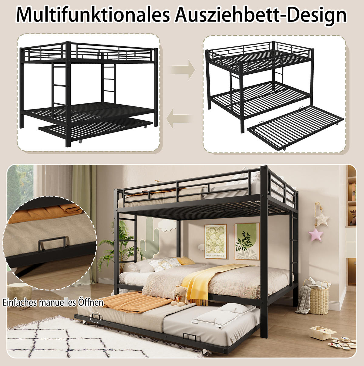 ETAGENBETT 140/200 cm aus Metall mit Ausziehbett und hohem Geländer Schwarz - Schwarz, Metall (140/200cm) - Modenvie