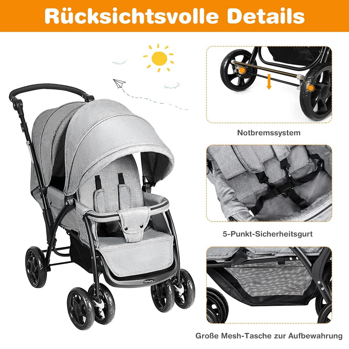 GESCHWISTERWAGEN Grau - Grau, Metall (98.5/49/30cm) - COSTWAY
