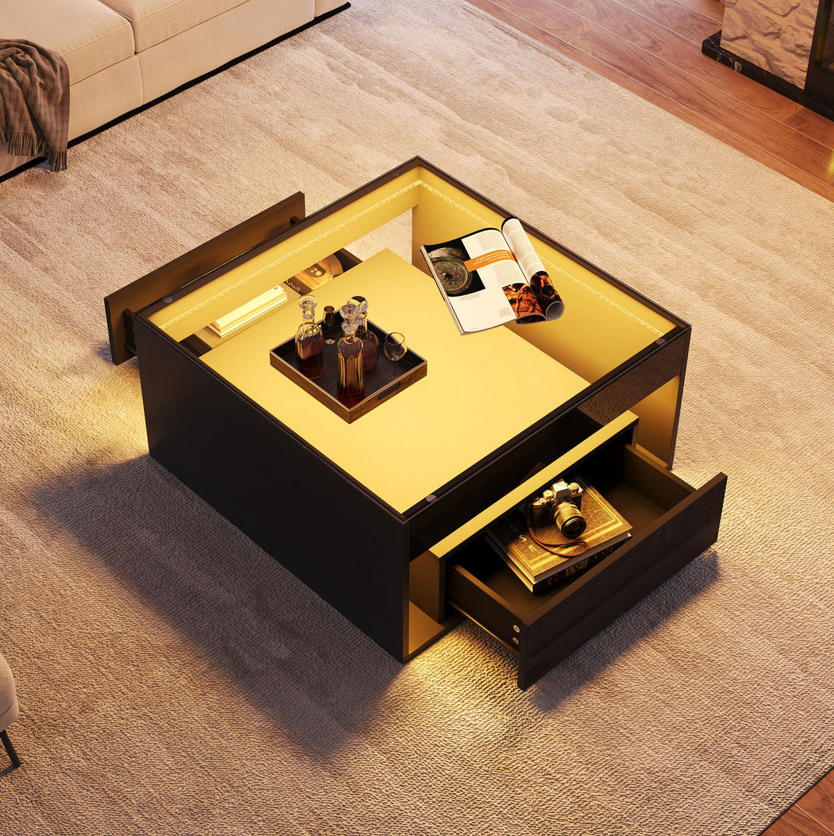 COUCHTISCH aus MDF und Glas 70x70x35 cm in Schwarz mit LED-Beleuchtung - Schwarz, Holzwerkstoff (70/70/35cm) - Modfu