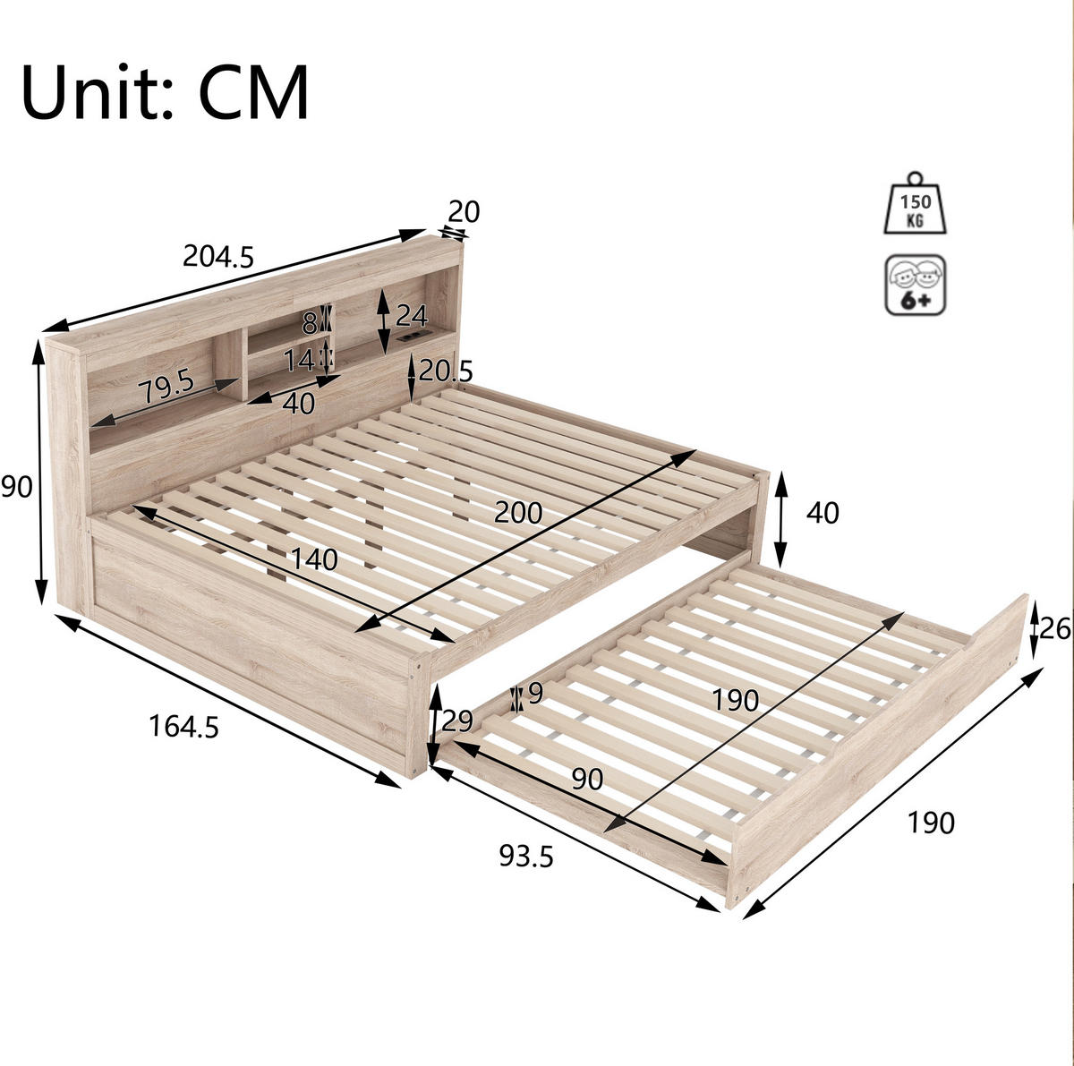 TAGESBETT 140/200 cm mit LED-Beleuchtung, Ausziehbett, USB und Stauraum - Naturfarben, Holzwerkstoff (140/200cm) - BEAOK