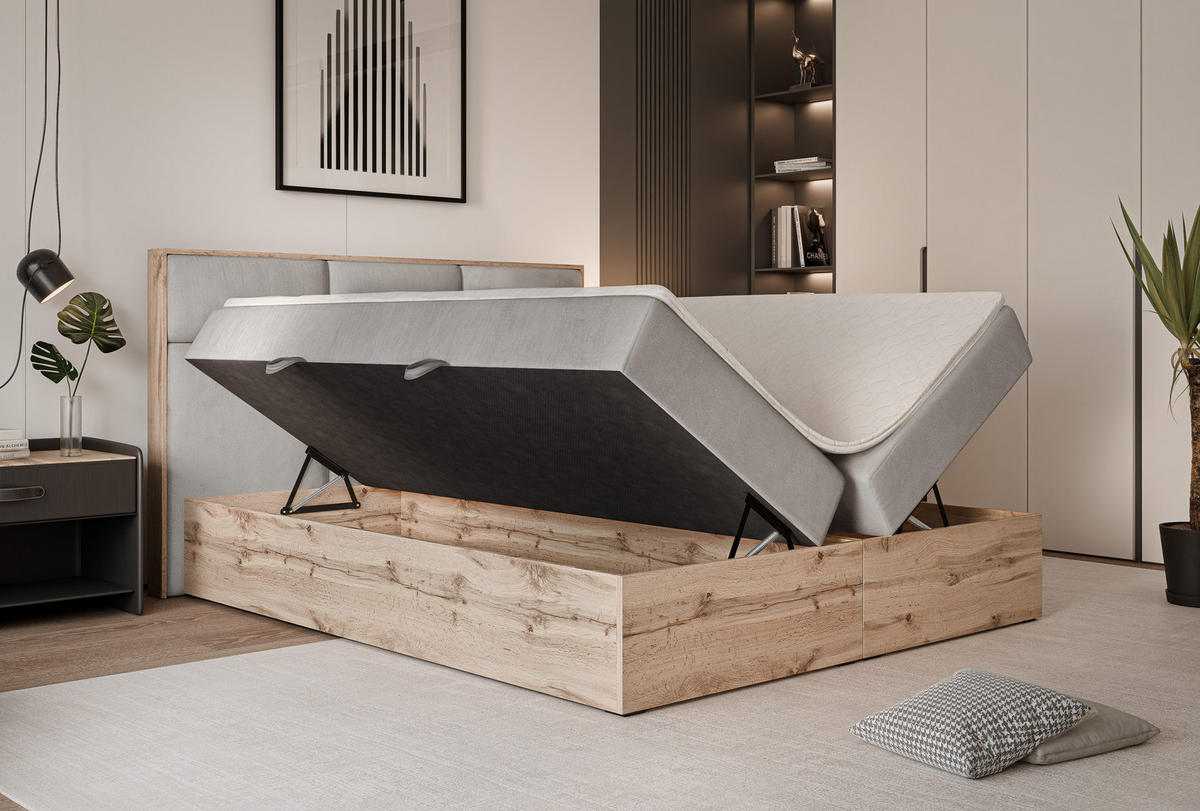 BOXBETT LAVIO 160/200 cm, in Hellgrau, mit Matratze und Topper - Hellgrau, Holzwerkstoff/Textil (160/200cm) - Idohome