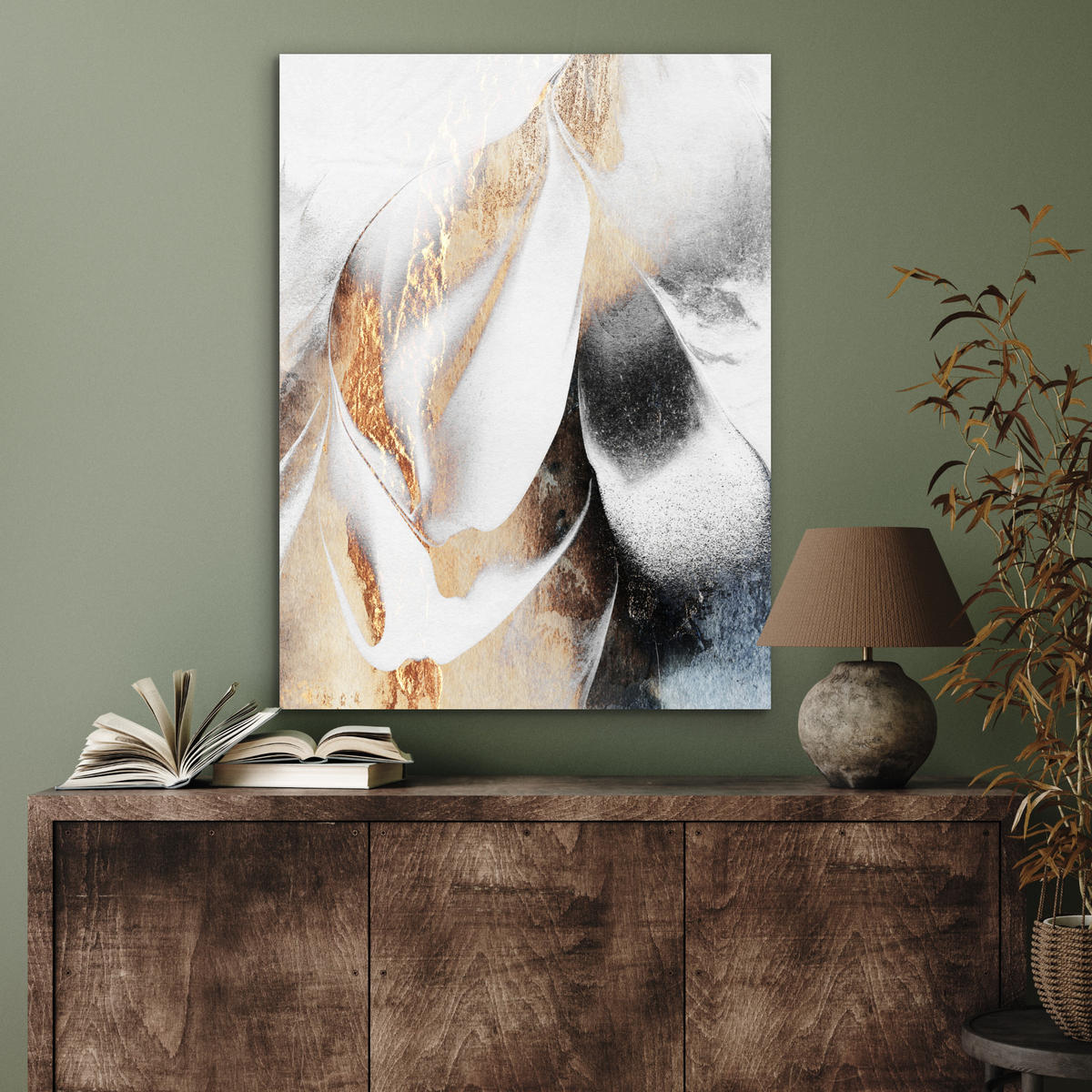 KOVOVÝ OBRAZ Luxusné - abstraktné - zlaté - biele 60x80 cm - zlatá, kov (60/80cm) - MuchoWow