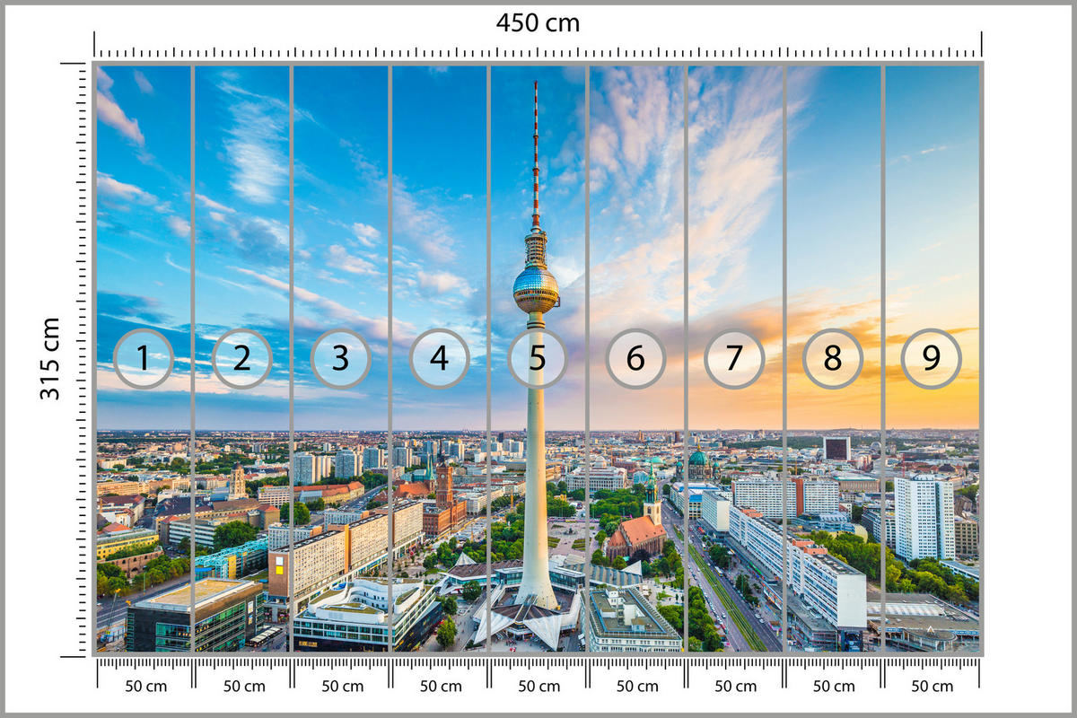 FOTOTAPETE für Wohnzimmer Fernsehturm Berlin Stadt Wolkenkratzer 450x315 - Beige/Orange, Papier (450/315cm) - Muralo