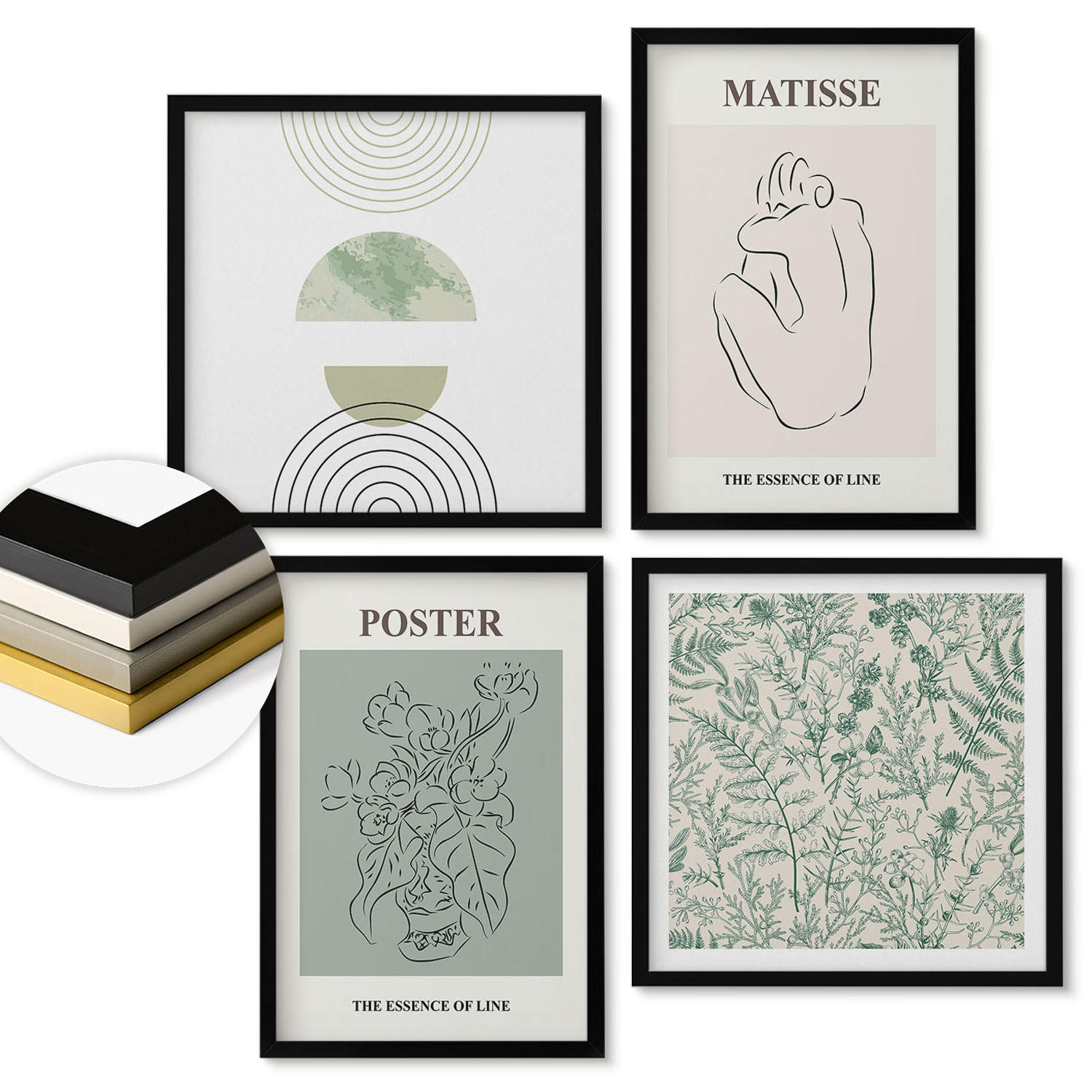 WANDBILDER 4er-Set - 50x50 cm & 40x60 cm Schwarzer Rahmen - Linien, Pflanzenmuster, Minimalismus - Schwarz, Kunststoff (50/50cm) - ArtPrintCave