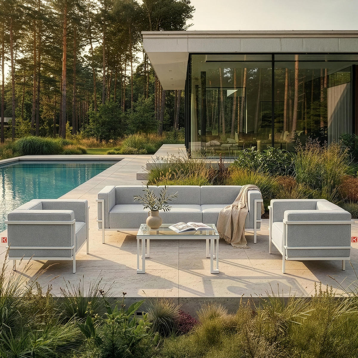 GARTENSOFA TRIGLO 3-Personen, Stahlrahmen, Modern, Weiß - Dunkelgrau/Weiß, Textil/Metall (229/70/69cm) - KONSIMO®