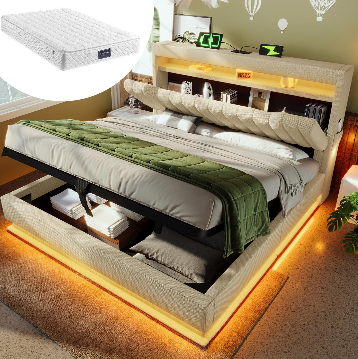 POLSTERBETT aus Leinen 140x200 cm Beige mit Bettkasten, LED-Beleuchtung, USB und Typ-C - Beige, Textil (140/200cm) - IVMEU