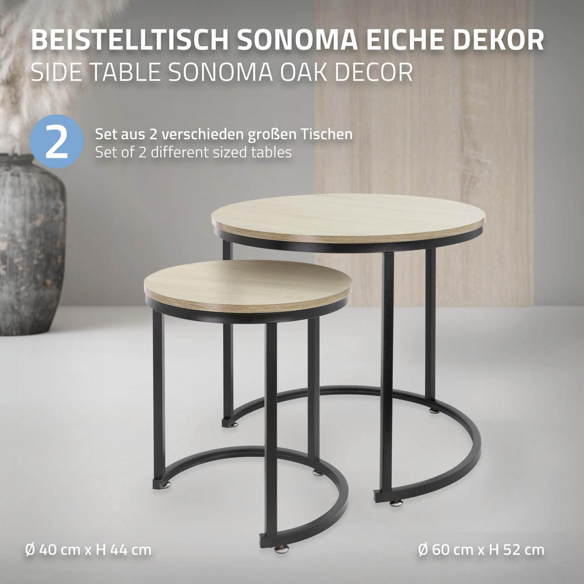 COUCHTISCH rund Sonoma-Schwarz 60/60/52-40/40/44 cm 2er Set - Schwarz, Metall (60/52/60cm) - ML-DESIGN