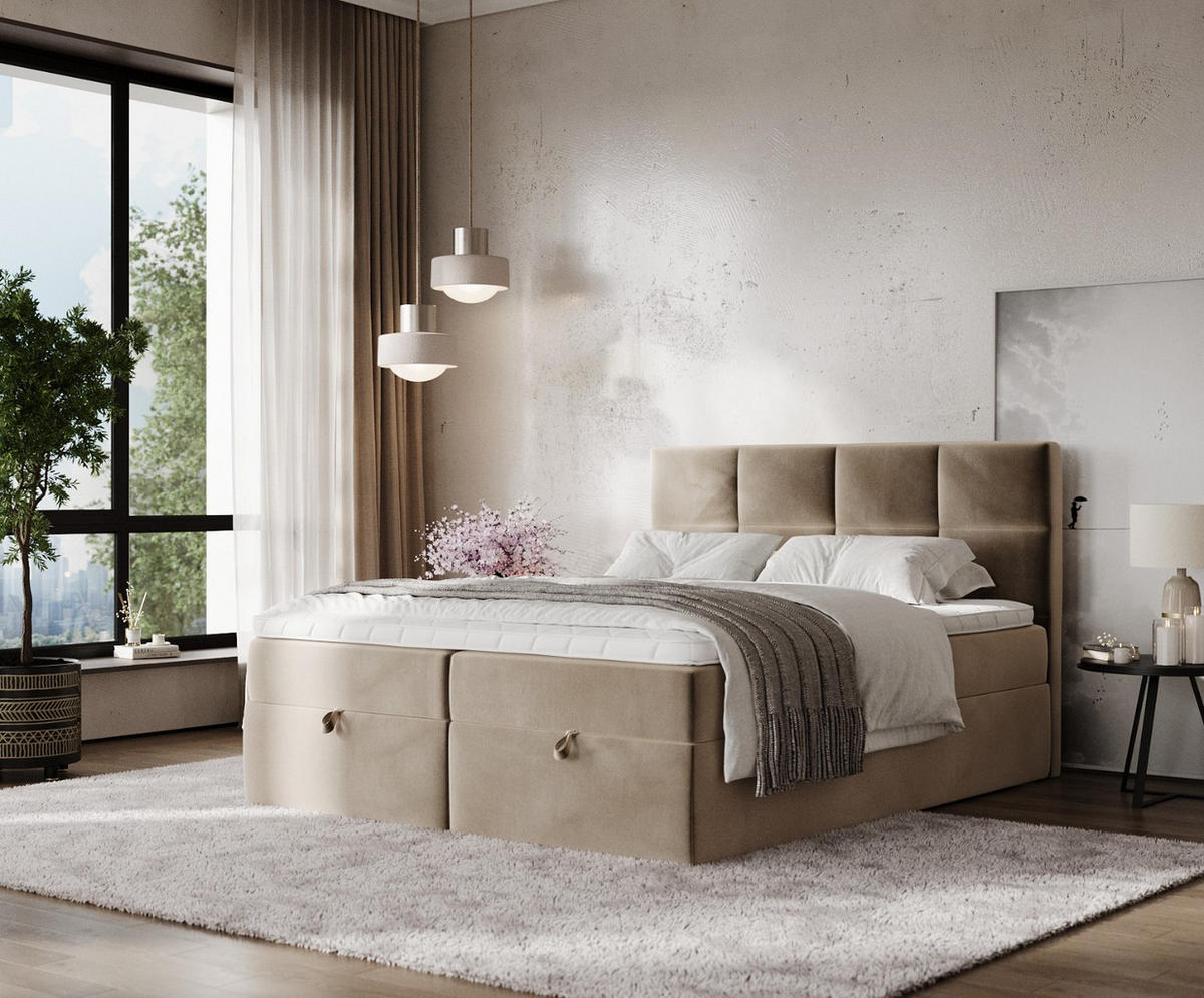 BOXBETT Velto 160/200 cm Taupe im Paros Stoff - Taupe/Schwarz, Holz/Holzwerkstoff (160/200cm) - AltaBeds