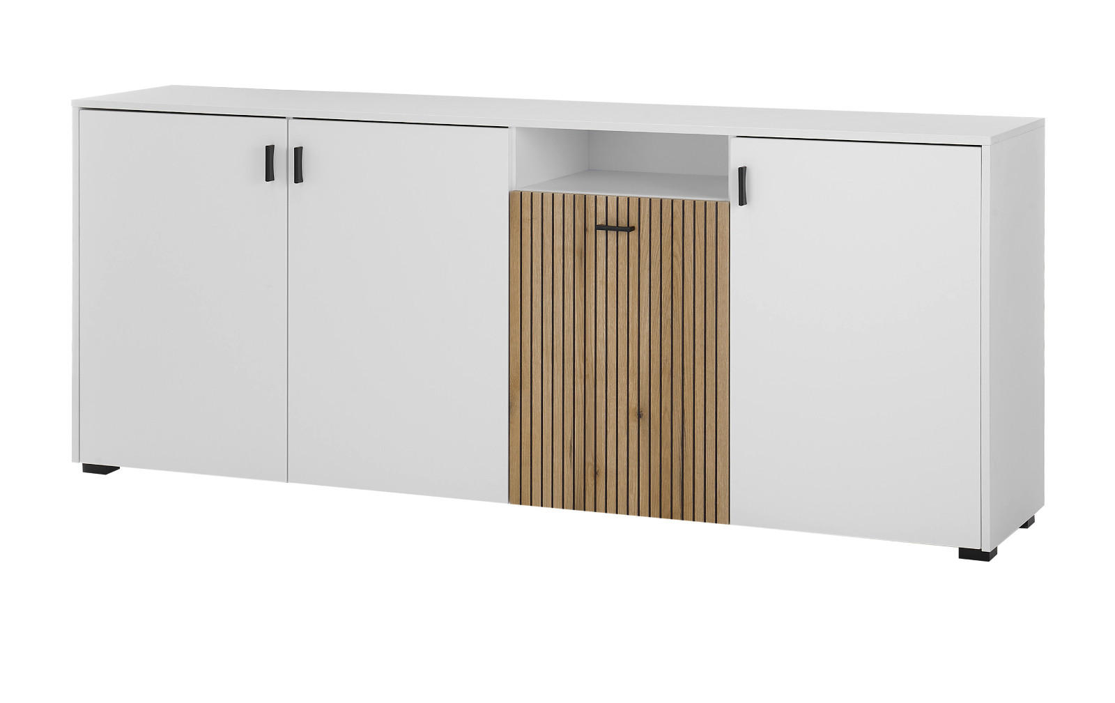 SIDEBOARD weiß matt, Eiche 200 cm, Kommode mit 12 Fächern und Soft-Close - Eichefarben/Schwarz, Holzwerkstoff/Kunststoff (200/80/42cm) - Furn.Design