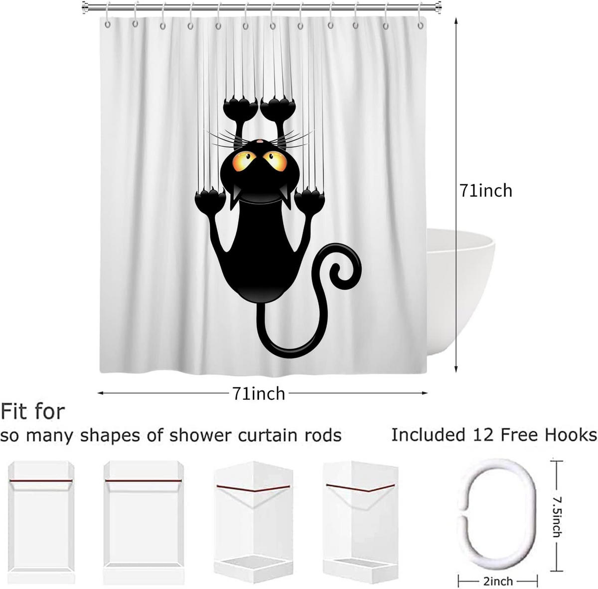 DUSCHVORHANG Katze Schwarz 180 x 180 cm Wand Stoff wasserdicht waschbar - Weiß, Textil (180/180cm) - MCBOSON