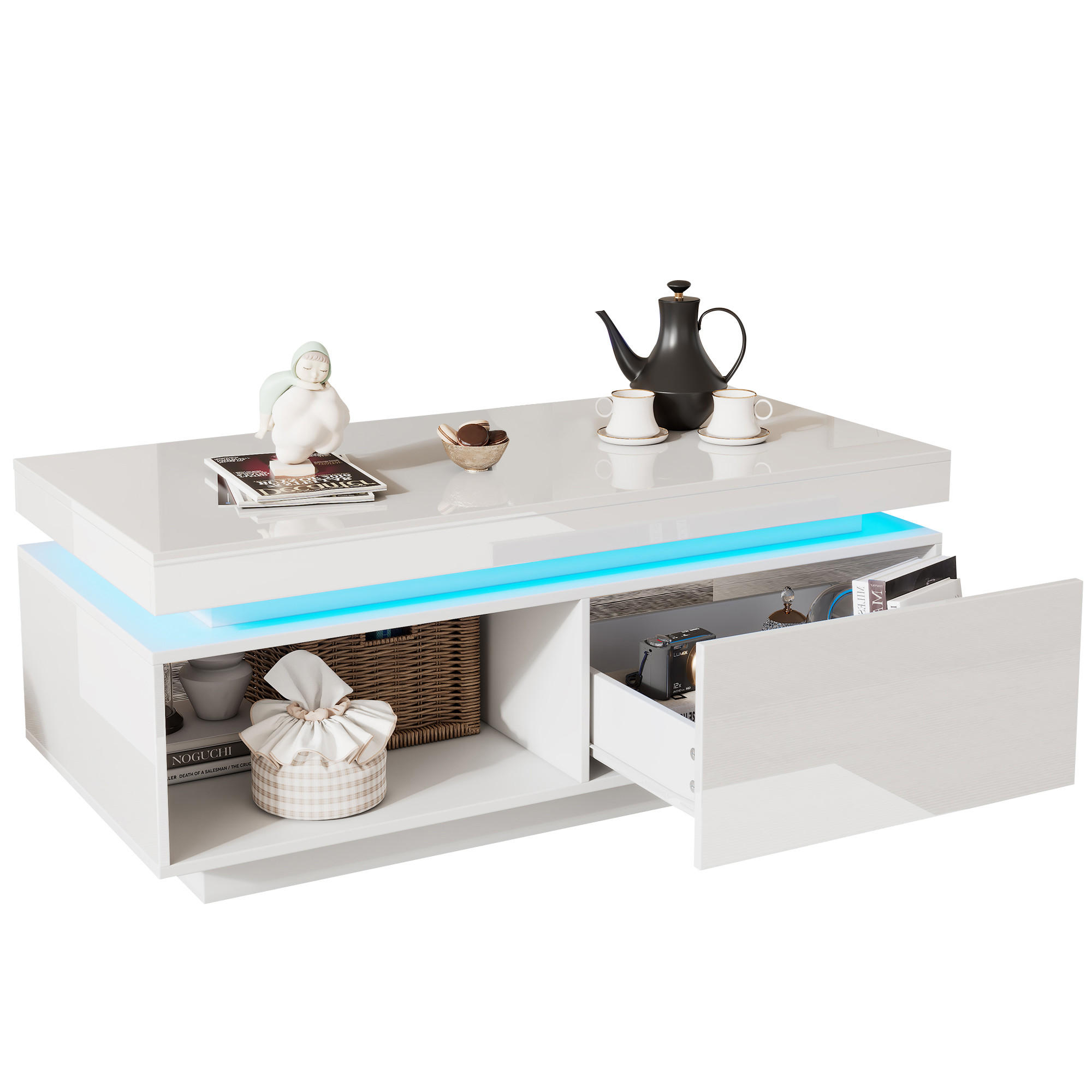 COUCHTISCH 100/50/40,3 cm in Weiß aus Spanplatte mit LED-Beleuchtung und Schublade - Weiß, Holzwerkstoff (50/100/40cm) - CHICFURN