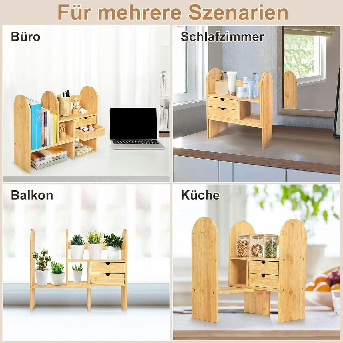 BÜCHERREGAL Bambus verstellbar mit Schubladen 59 cm - Hellbraun, Naturmaterialien (59/43/16.5cm)