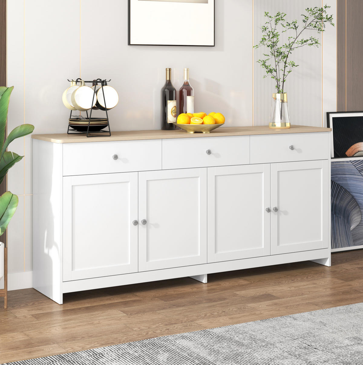 SIDEBOARD 160/37/75 cm mit 3 Schubladen, 4 Türen und verstellbaren Einlegeböden, Weiß/Holzfarbe - Weiß, Holzwerkstoff (160/75/37cm) - Redom