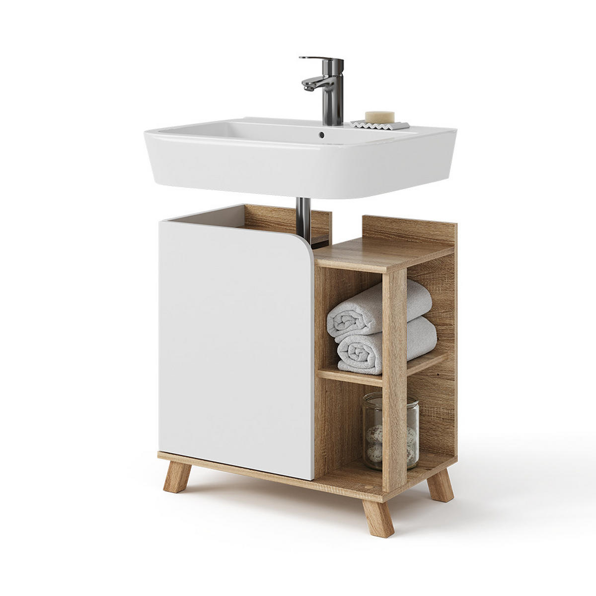 WASCHBECKENUNTERSCHRANK Karen Sonoma/Weiß 60 x 65 cm mit Tür und offenen Fächern - Weiß/Sonoma Eiche, Holzwerkstoff (60/65/35cm) - Vicco