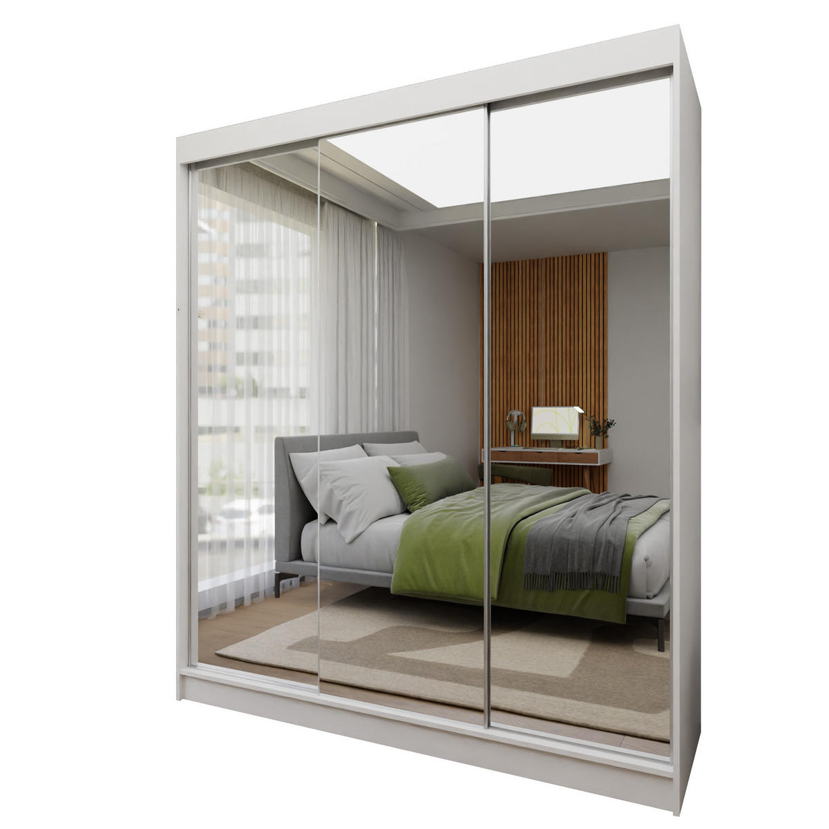 SCHWEBETÜRENSCHRANK BELLINA 180/216/61 cm 3-türig mit Spiegel Weiß - Weiß, Holzwerkstoff (180/216/61cm) - MASSENO
