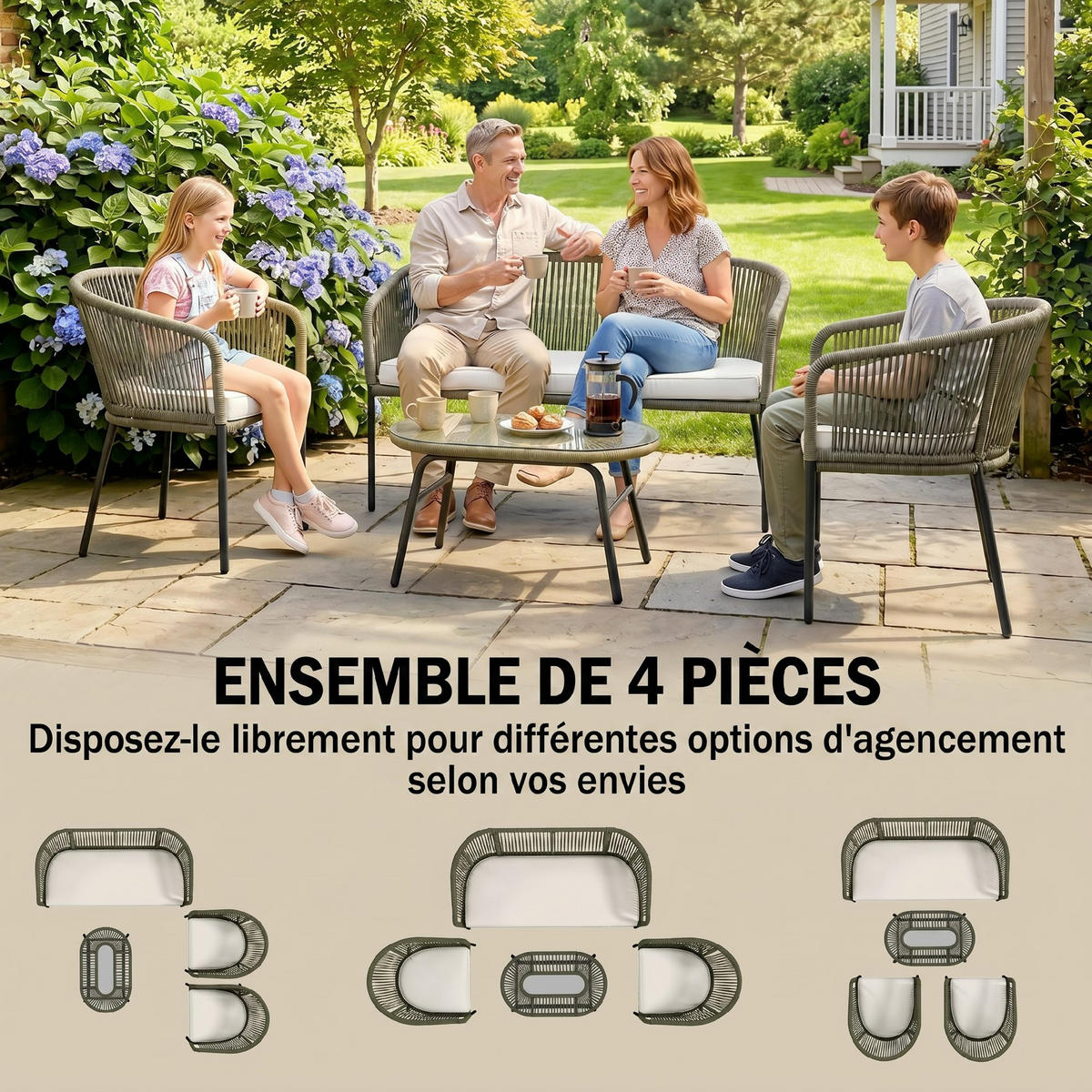 GARTENLOUNGE-SET Creme Stahl 4-teilig mit Kissen - Creme, Holzwerkstoff - PANGIVO