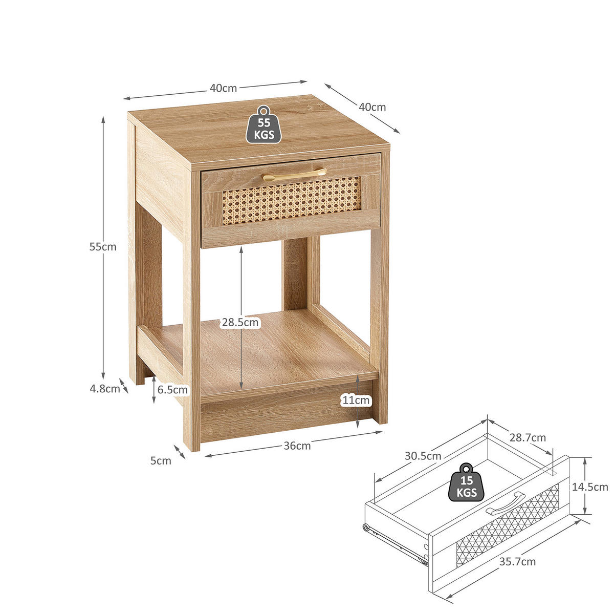 NACHTTISCH 40/40/55 cm in Natur mit Rattanfront und Schublade - Hellbraun, Holzwerkstoff (40/55/40cm) - Flora Grace