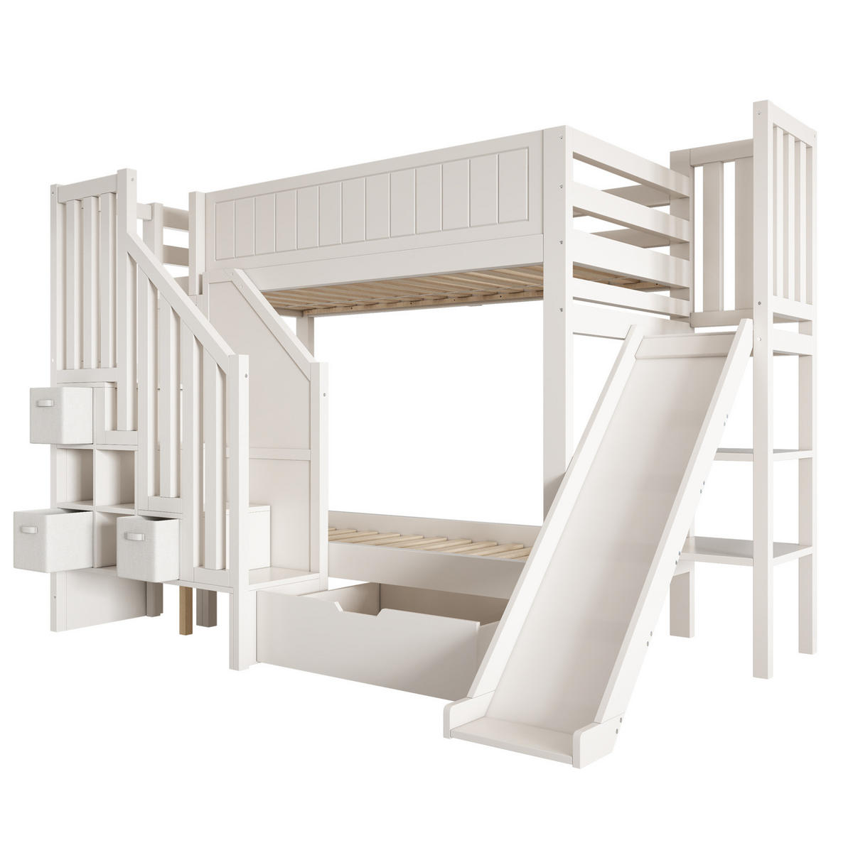 ETAGENBETT aus Holz 90x200 cm Weiß mit Rutsche, Leiterschrank und Schubladen - Weiß, Holzwerkstoff (90/200cm) - IVMEU