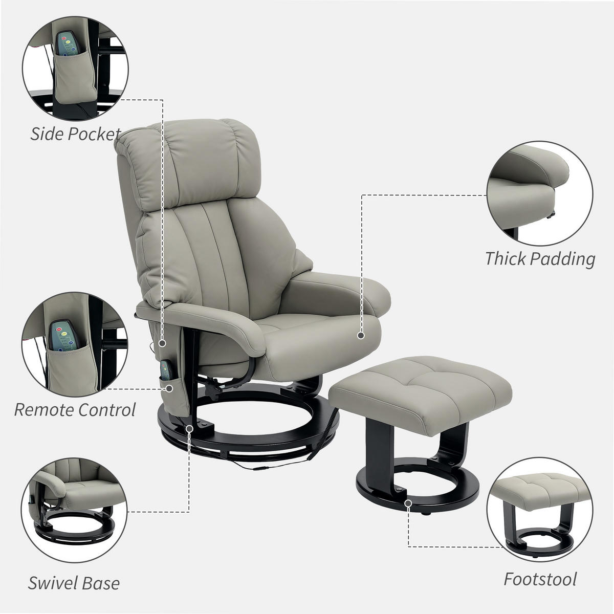 RELAXSESSEL mit Fußhocker, Massagesessel mit Liegefunktion Fernbedienung Grau - Greige/Schwarz, Kunststoff/Metall (80/102/76cm) - HOMCOM