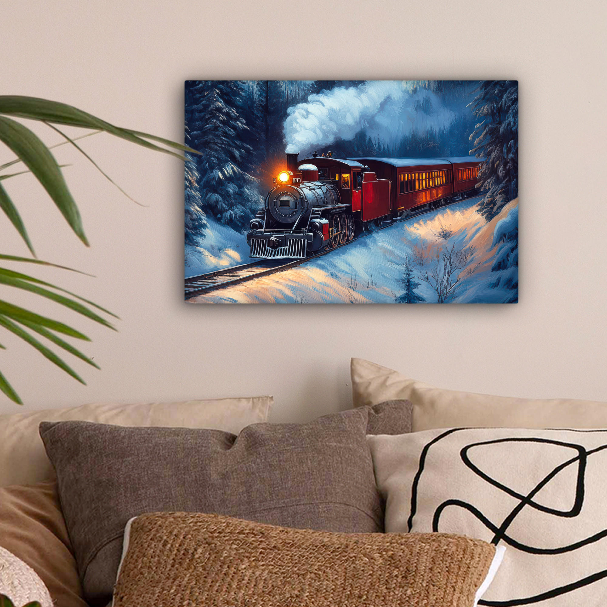 LEINWANDBILD Zug - Weihnachten - Schnee - Weihnachtszug 30x20 cm - Anthrazit, Textil (30/20cm) - MuchoWow