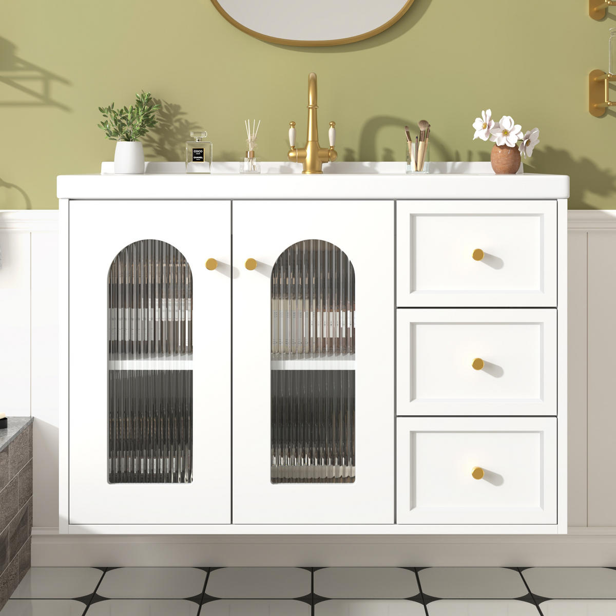 WASCHBECKENUNTERSCHRANK Wandmontierter Badezimmerschrank,Schubladen verstellbare Böden Wellenglas Goldgriffe - Transparent/Weiß, Keramik/Holzwerkstoff (80/58/50cm) - EVRYAE
