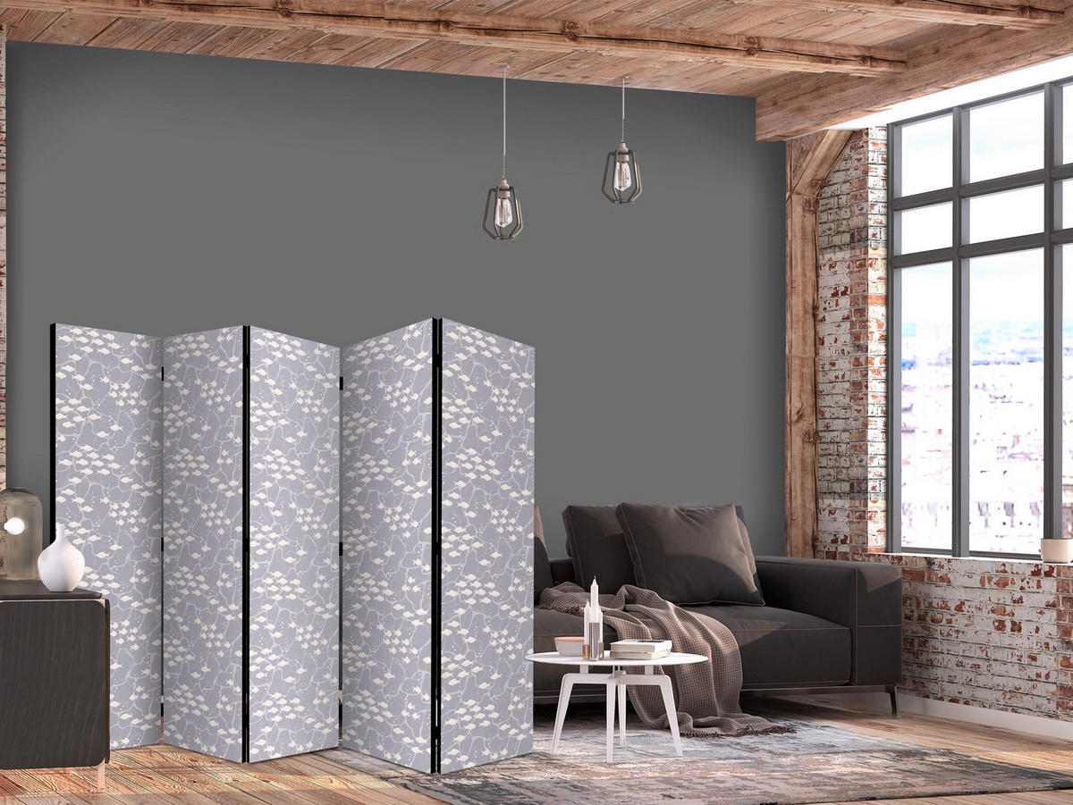 PARAVENT Beidseitig Bedruckter 5-tlg 225x172 cm Fischschwarm Boho - Grau, Holz/Textil (225/172/3cm) - Muralo