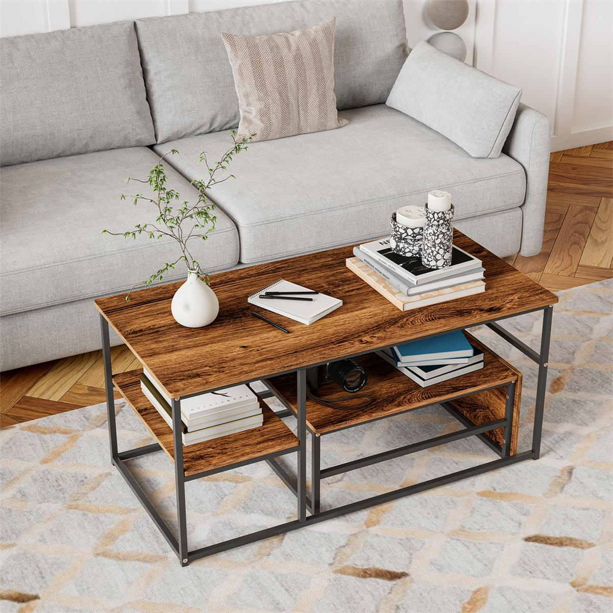 COUCHTISCH Rechteckig - Couchtisch mit Tischplatte in Holzmaserung und schwarzem Metallgestell - Braun und Schwarz - Braun, Holzwerkstoff (52/105/48.5cm) - DELFA
