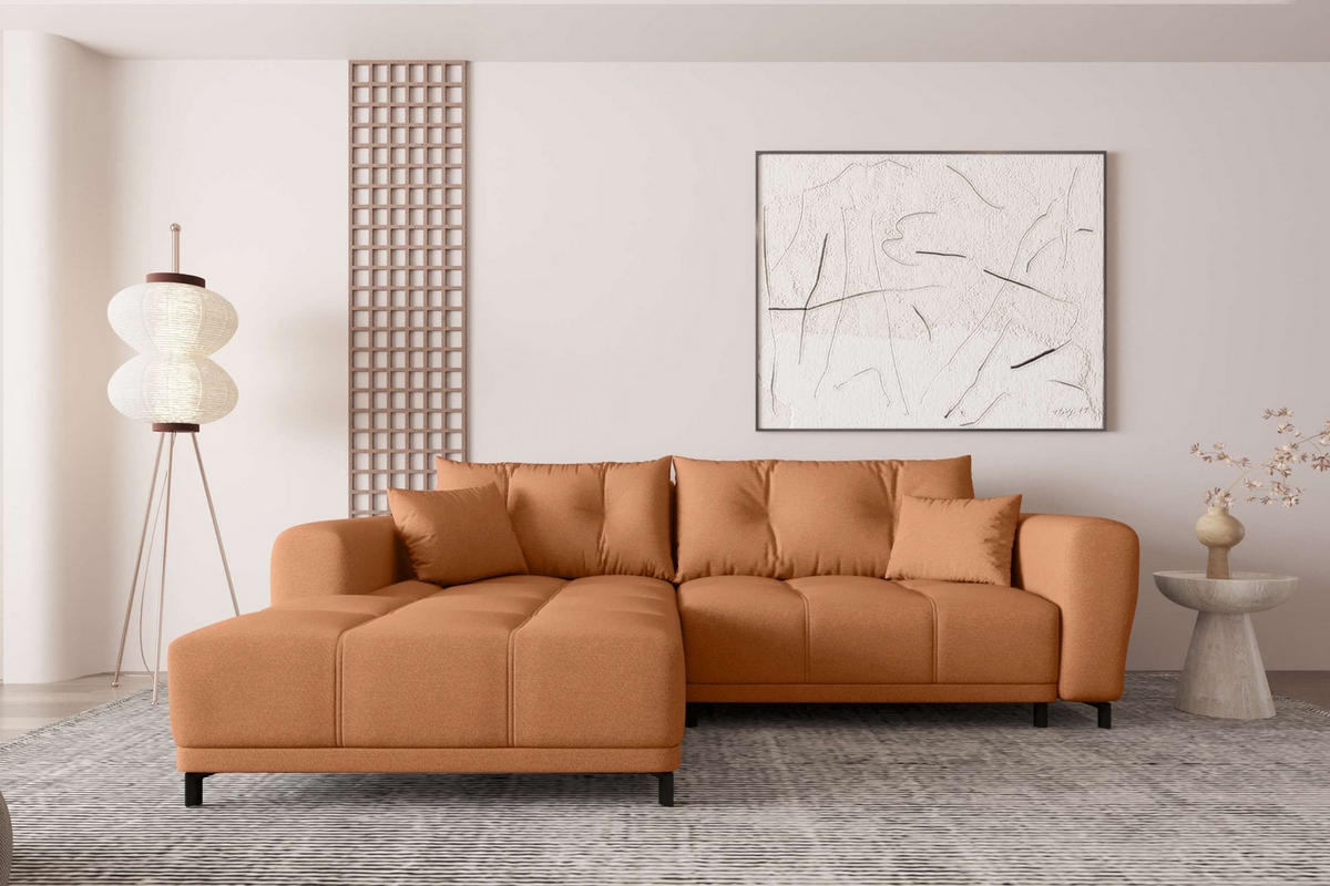 ECKSOFA Massimo Strukturstoff Rostfarben inkl. Schlaffunktion Links - Rostfarben/Schwarz, Textil/Metall (246/177cm) - 99rooms