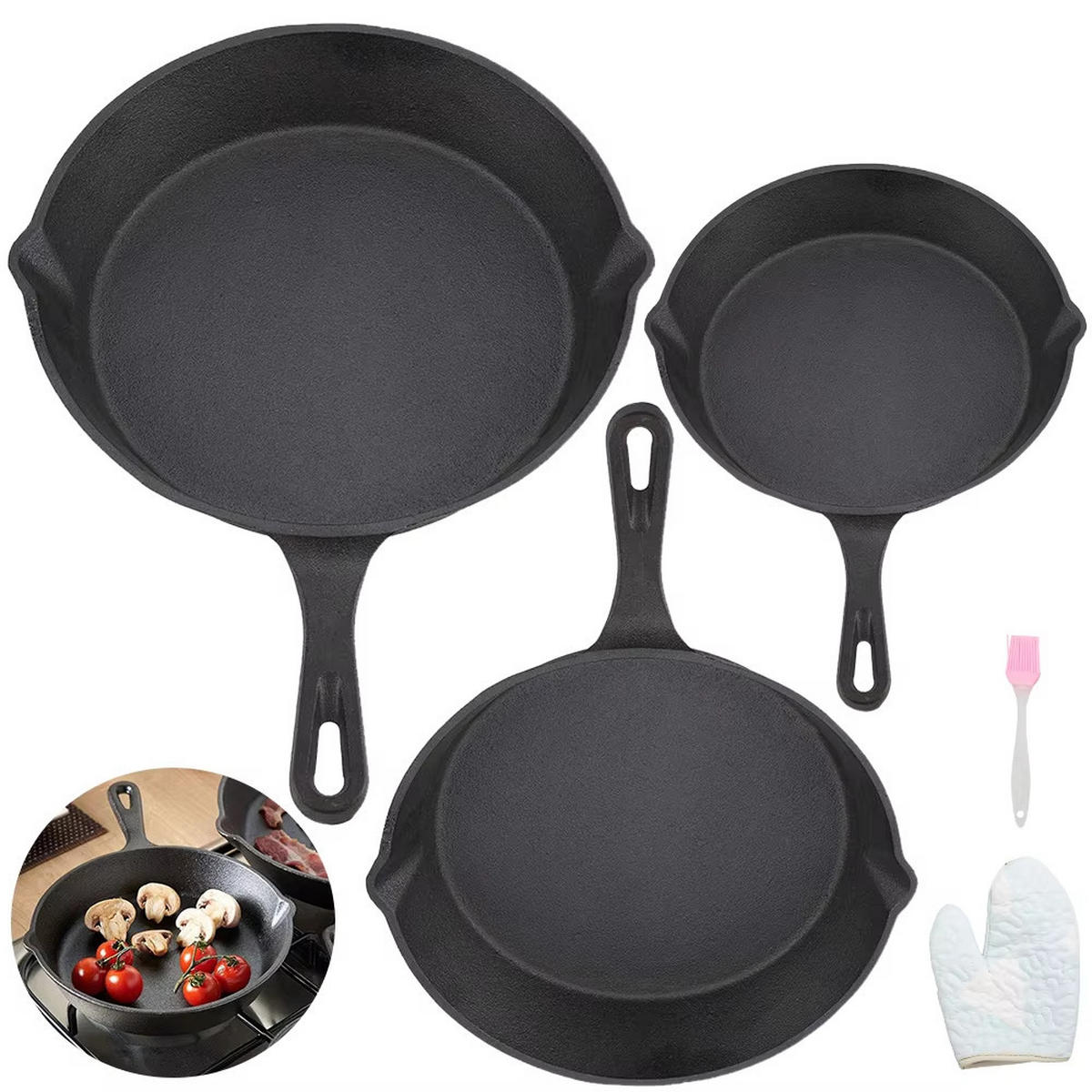 PFANNENSET Gusseisen 3-teilig Bratpfanne Topf Schwarz - Schwarz, Metall - Kaket