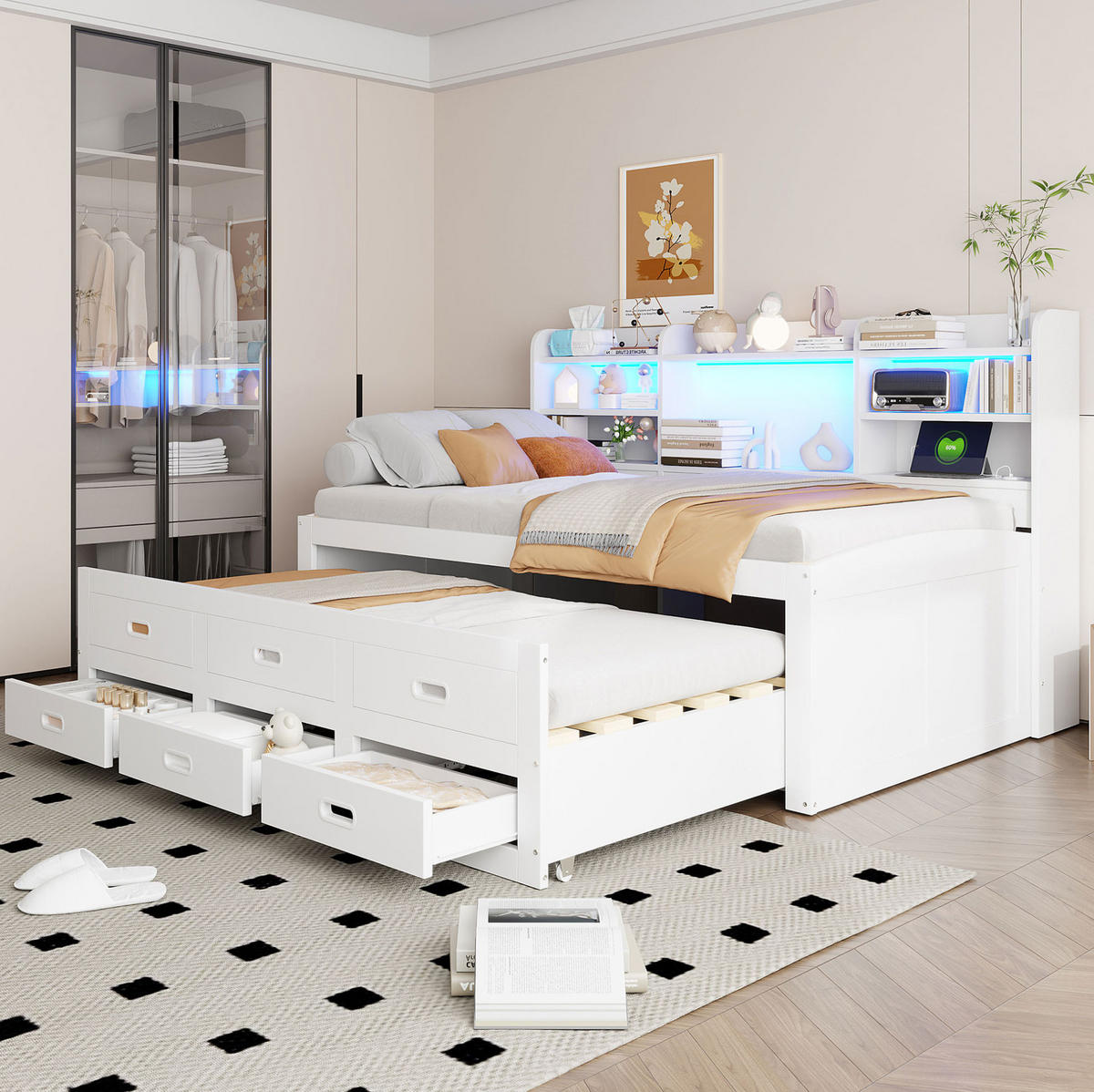 KREVET na izvlačenje 90/200 cm bijeli od iverala s LED rasvjetom, USB i 3 ladice - bijela, drvni materijal (90/200cm) - OKWISH