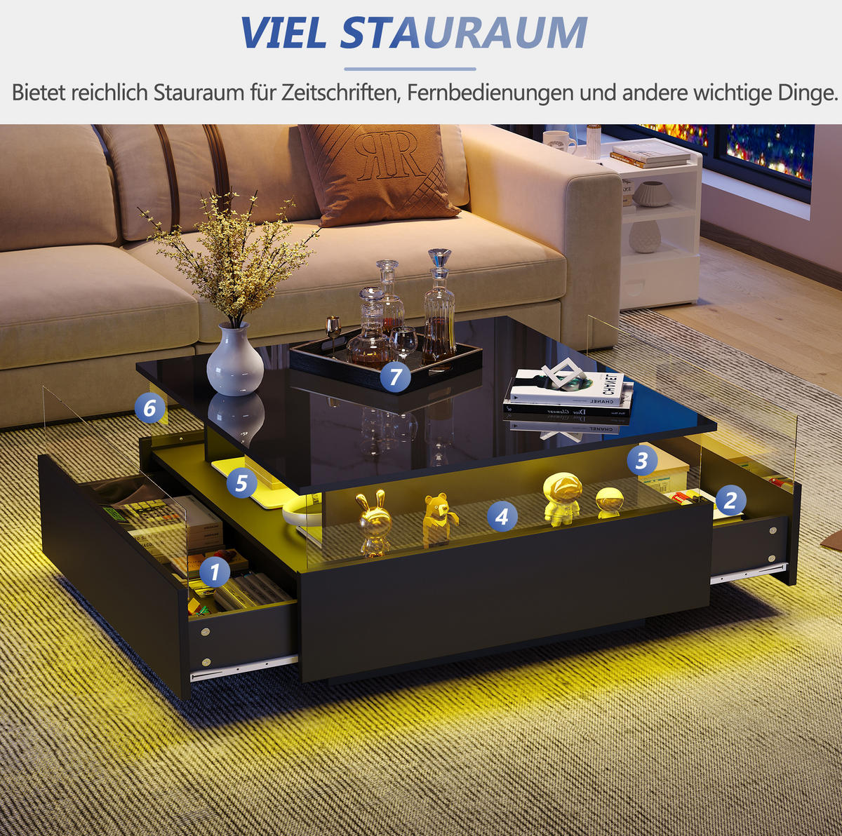 COUCHTISCH aus Spanplatte 70x70x41 cm Schwarz mit LED-Beleuchtung, 2 Schubladen und Präsentationsbereich - Schwarz, Holzwerkstoff (70/70/41cm) - IVMEU