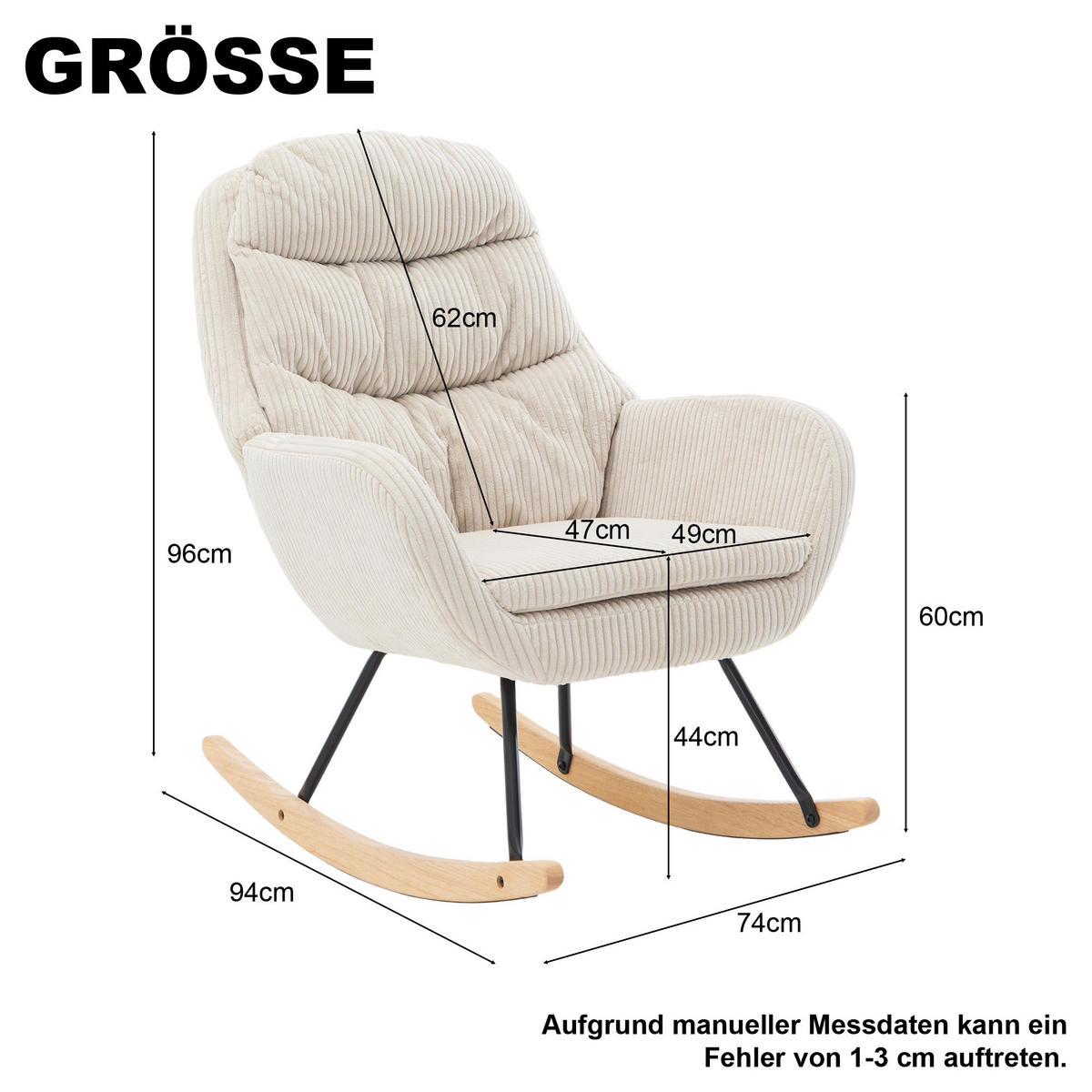 SCHAUKELSTUHL 74/94/96 cm aus Cordstoff mit Federkern und Gleitschutz, Beige - Beige, Textil (94/96/74cm) - Redom