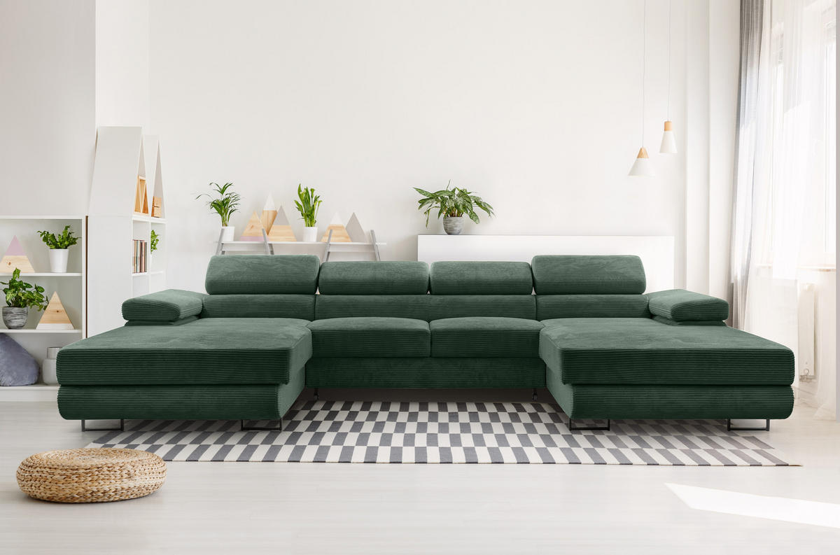 WOHNLANDSCHAFT Arborio Dunkelgrün 352/202/90 cm mit Schlaffunktion - Dunkelgrün/Schwarz, Textil/Metall (352/90/202cm) - AX Living