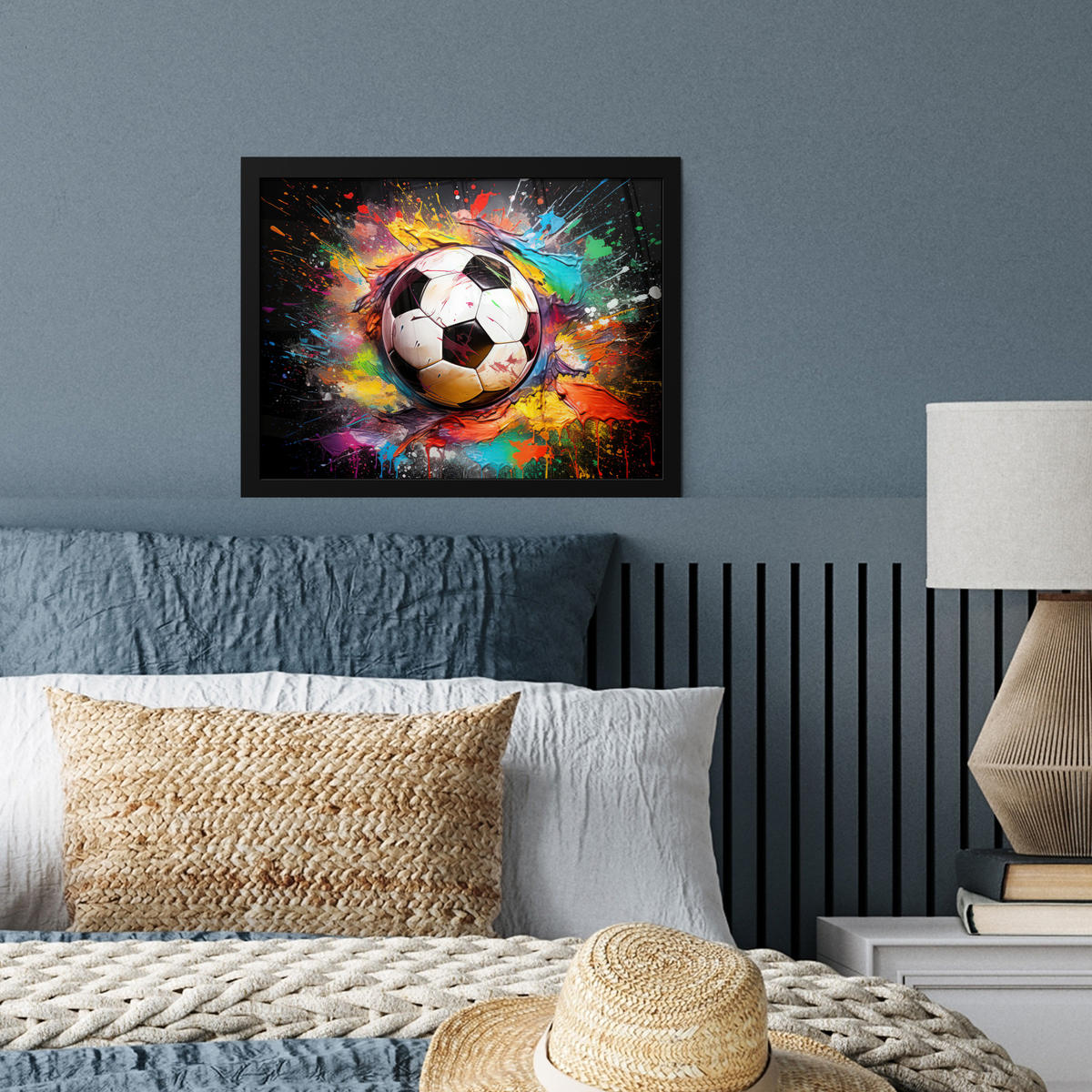 POSTER MIT RAHMEN Fußball - Farbe - Farben - Schwarz - Weiß 40x30 cm - Weiß, Papier (40/30cm) - MuchoWow